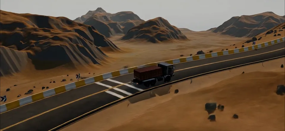 A loaded truck climbing a desert mountain road